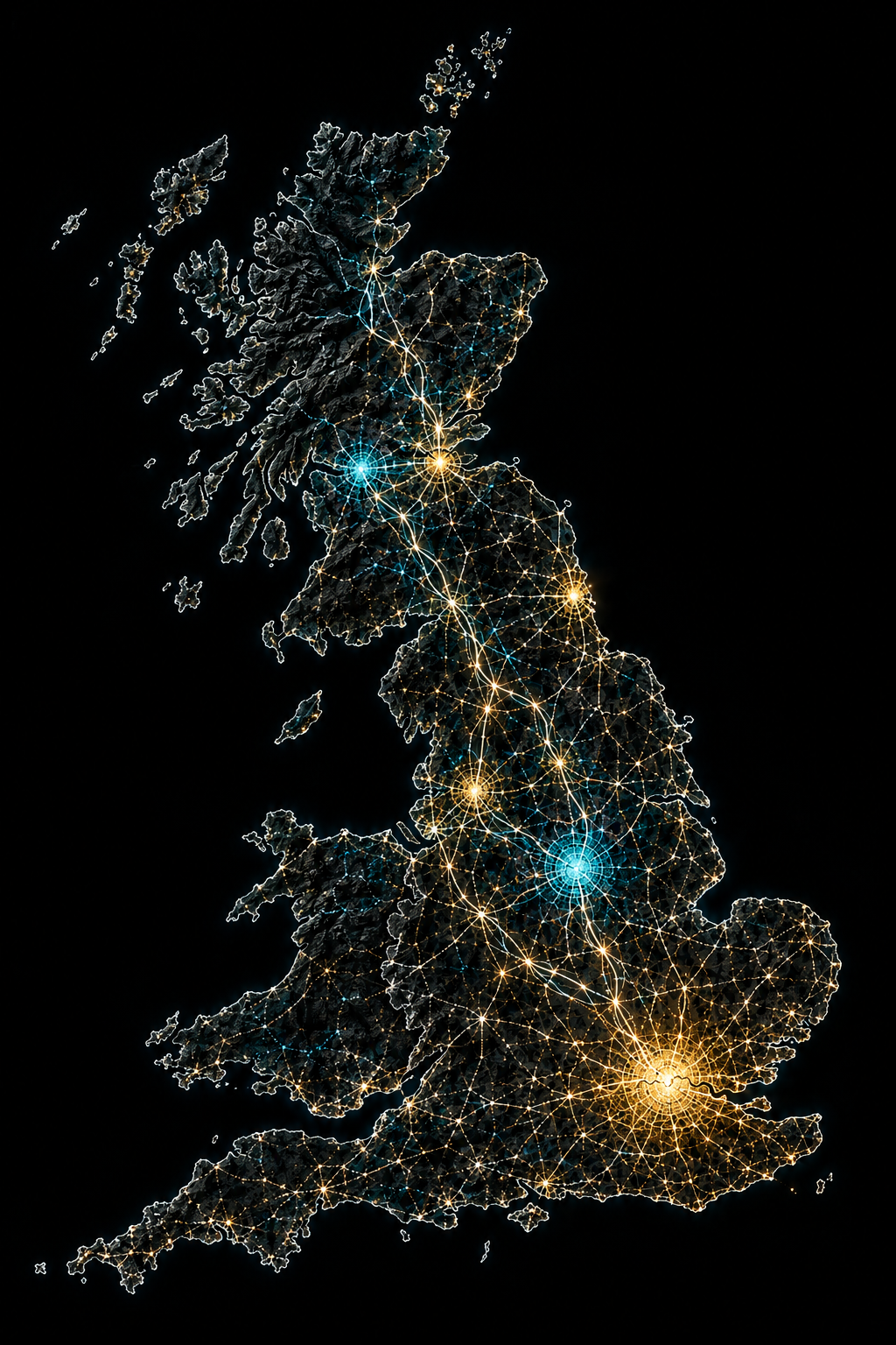 Full illuminated network map of Britana showing England Scotland and Wales
