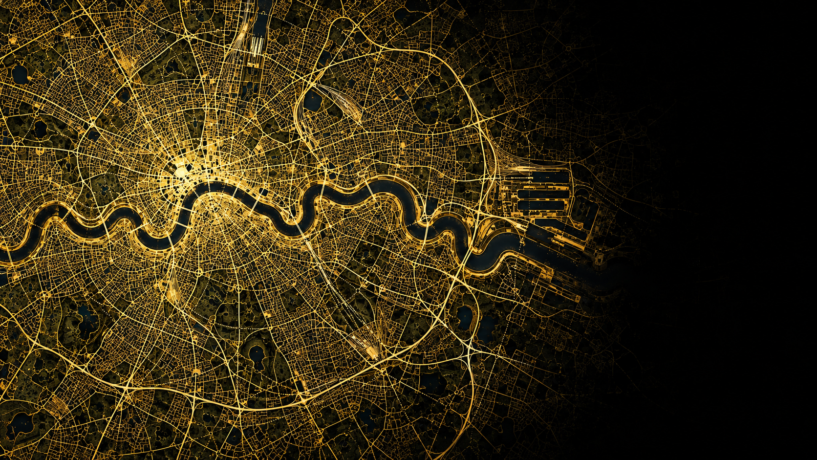 Detailed amber infrastructure map of London and the River Thames