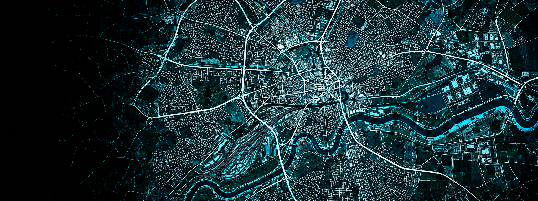 Detailed cyan infrastructure map of Nottingham and the River Trent