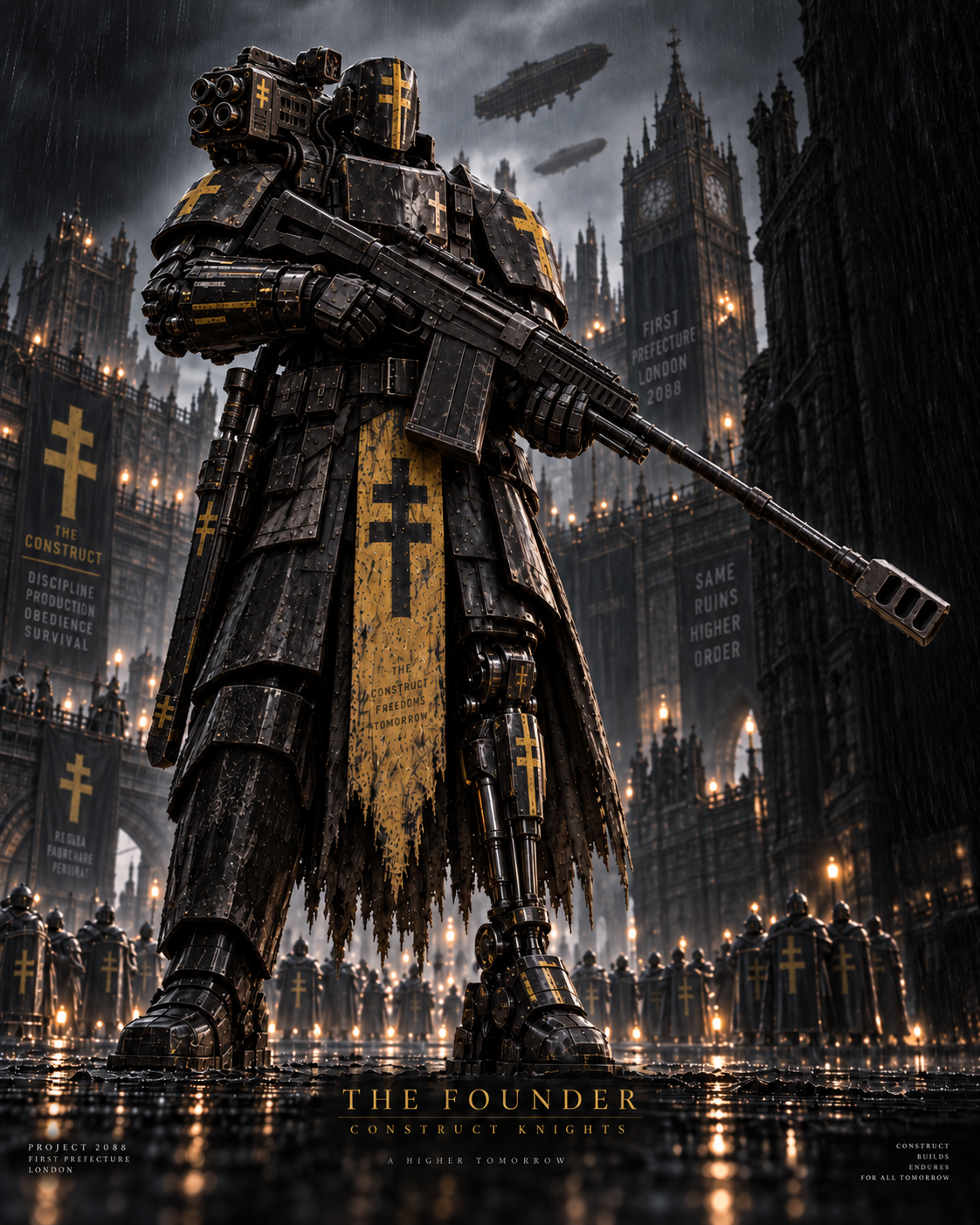 The Construct Knight Founder in black industrial armour with hazard-yellow Double Cross and four-barrel shoulder weapon