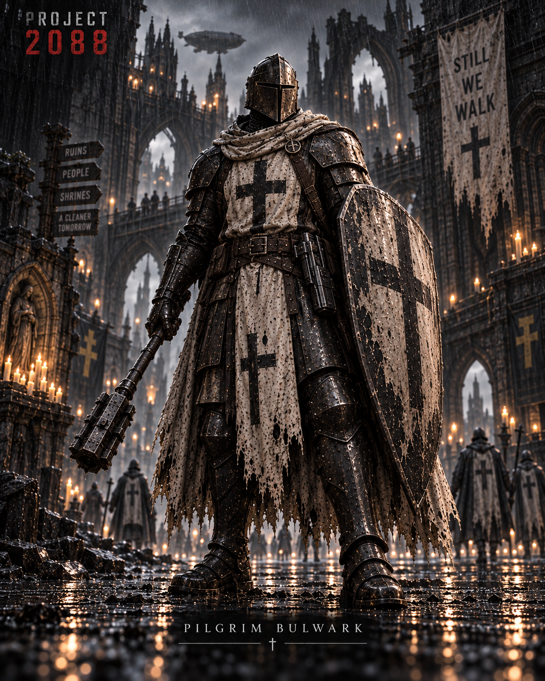 Pilgrim Bulwark Knight with weathered white Single Cross shield