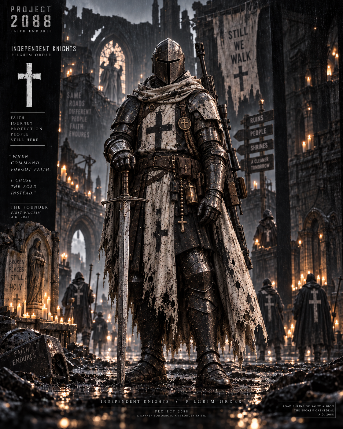The Pilgrim Knight Founder in weathered white armour with a Single Cross