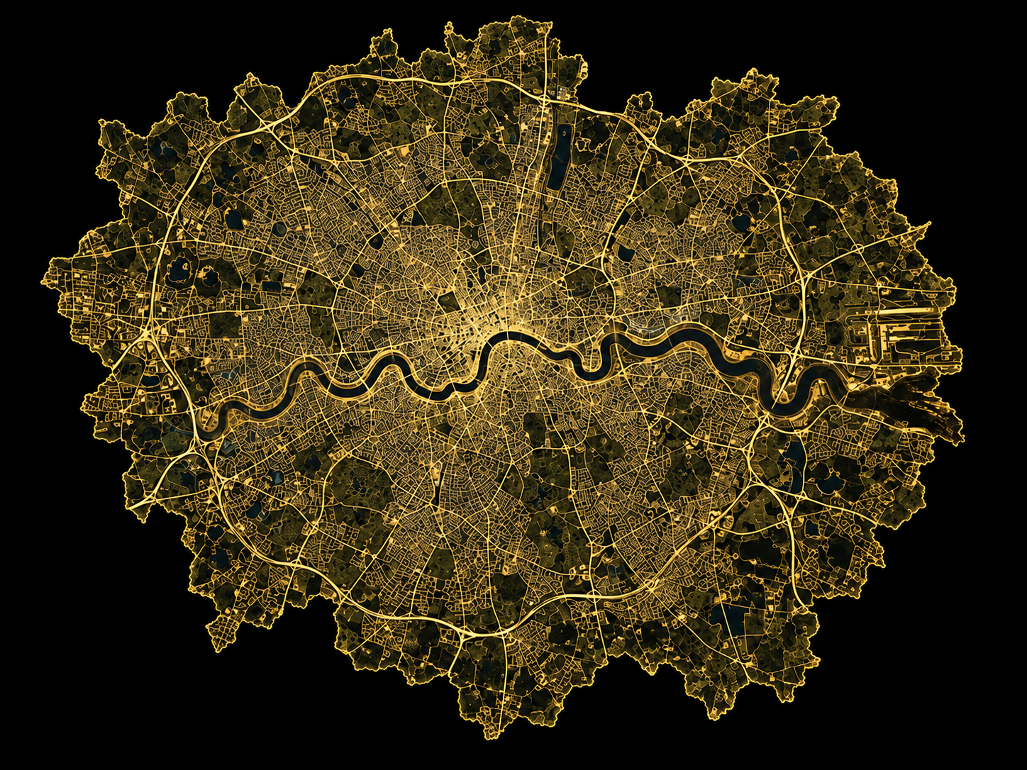 High resolution amber cut out map of London showing its road network and the River Thames