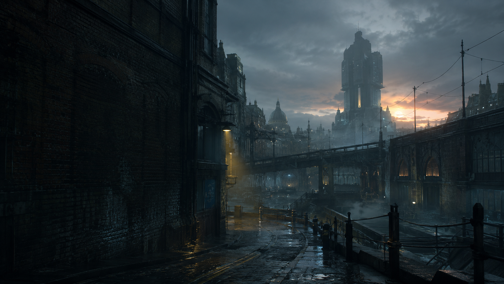 A rain darkened future British city at sunset