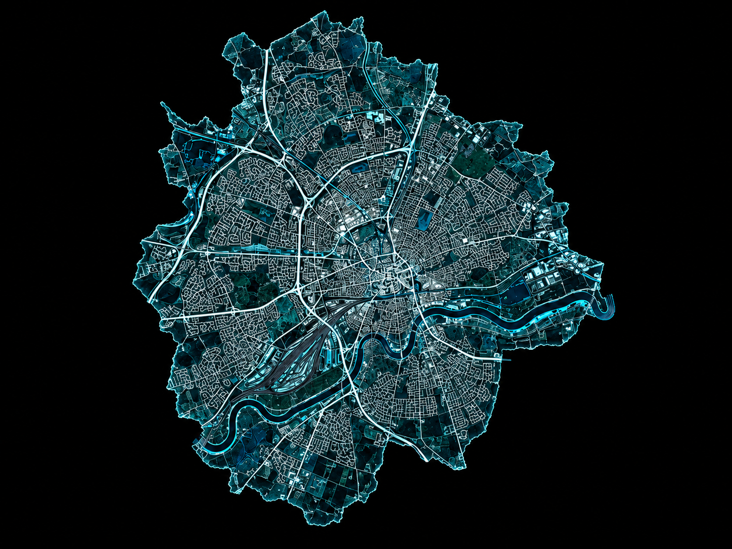 High resolution cyan cut out map of Nottingham showing roads, rail corridors and the River Trent